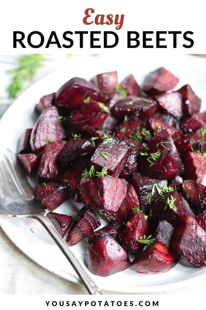 Plate of beets with text: Easy Roasted Beets.