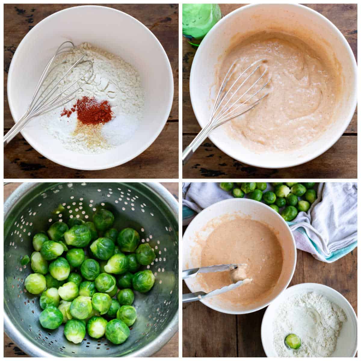 Mixing batter and dipping sprouts in it.