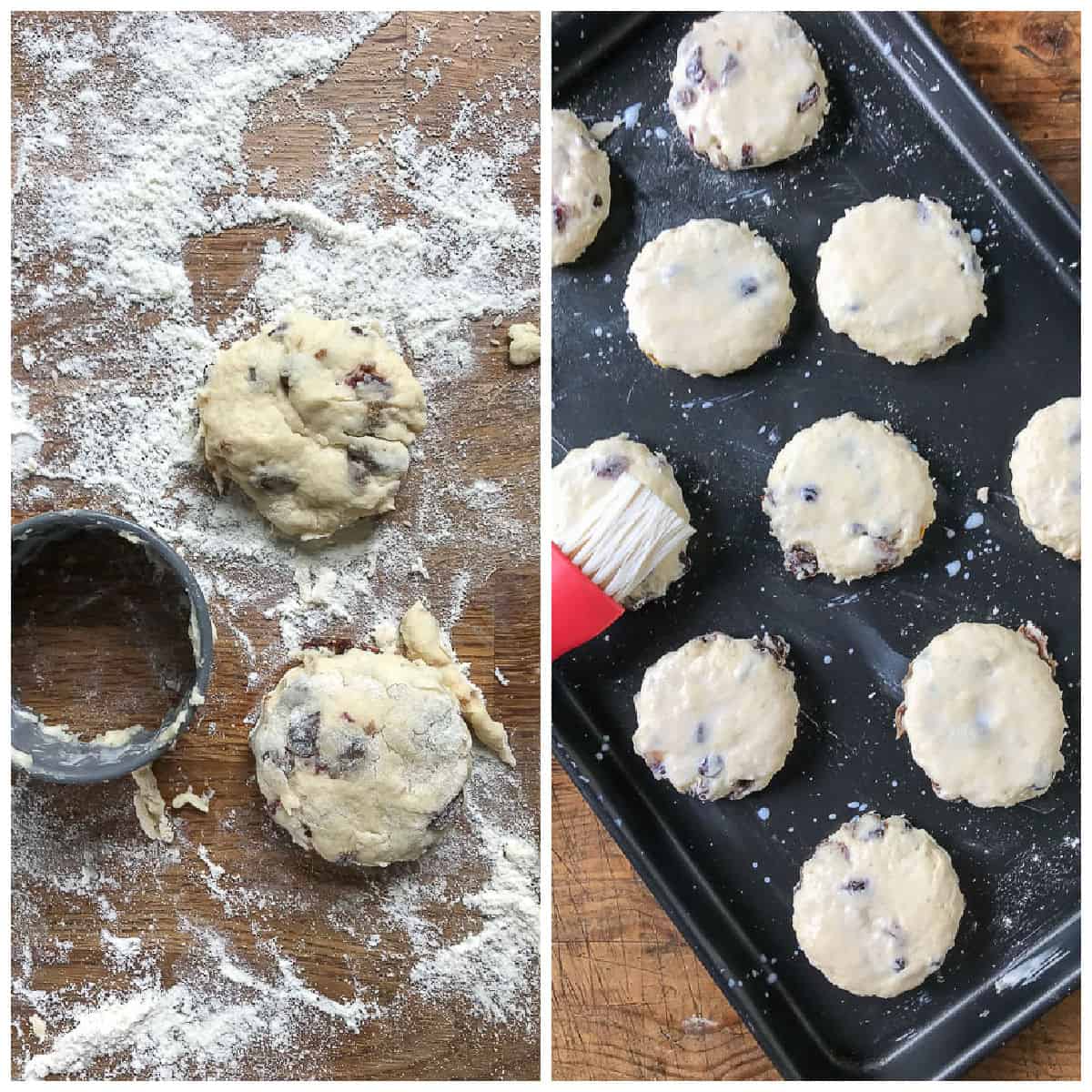 Rolling out the scones and placing onto a baking sheet.