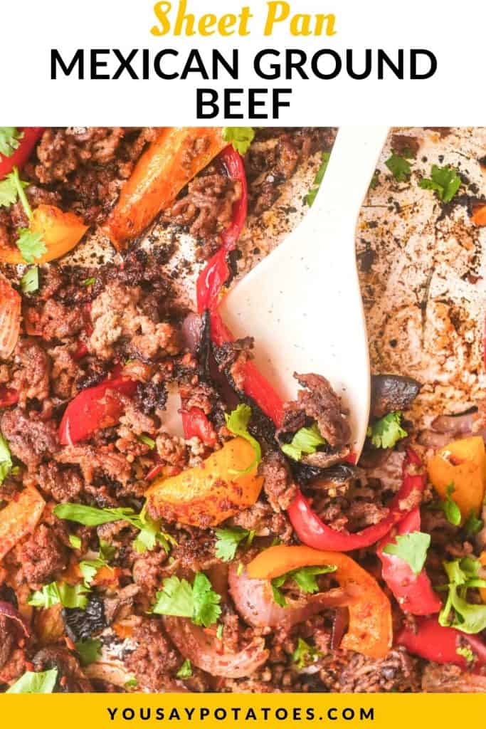 Wooden spoon in a pan of meat and vegetables, with text: Sheet Pan Mexican Ground Beef.