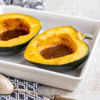 A serving dish of microwaved acorn squash.