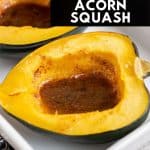 Close up of a brown sugar squash with text: Microwave Acorn Squash.