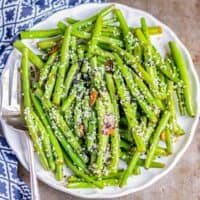 Serving dish of sesame green beans.