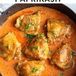 Pan of chicken in paprika sauce, with text: Easy Chicken Paprikash.