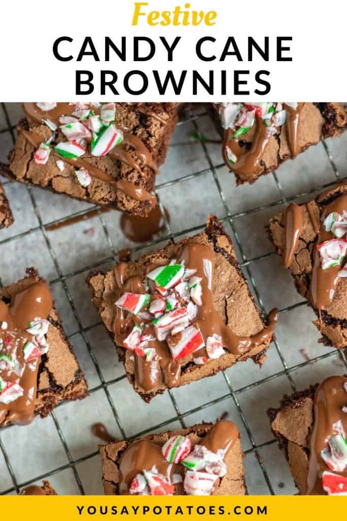 Rack of brownies with text: Festive Candy Cane Brownies.