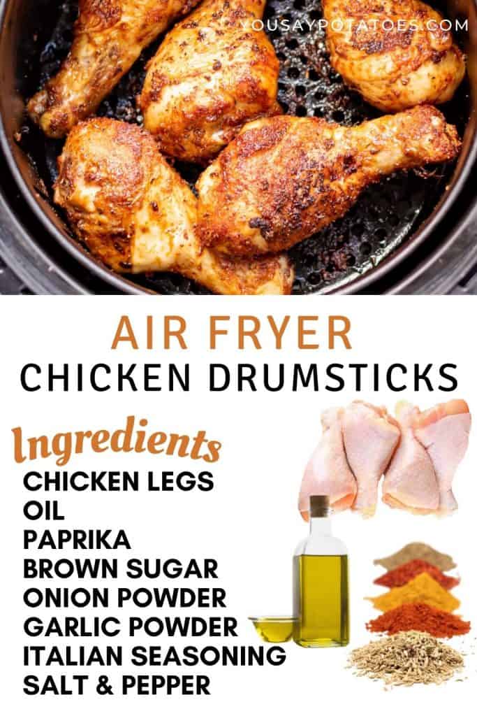 Air fryer with chicken legs, with list of ingredients.