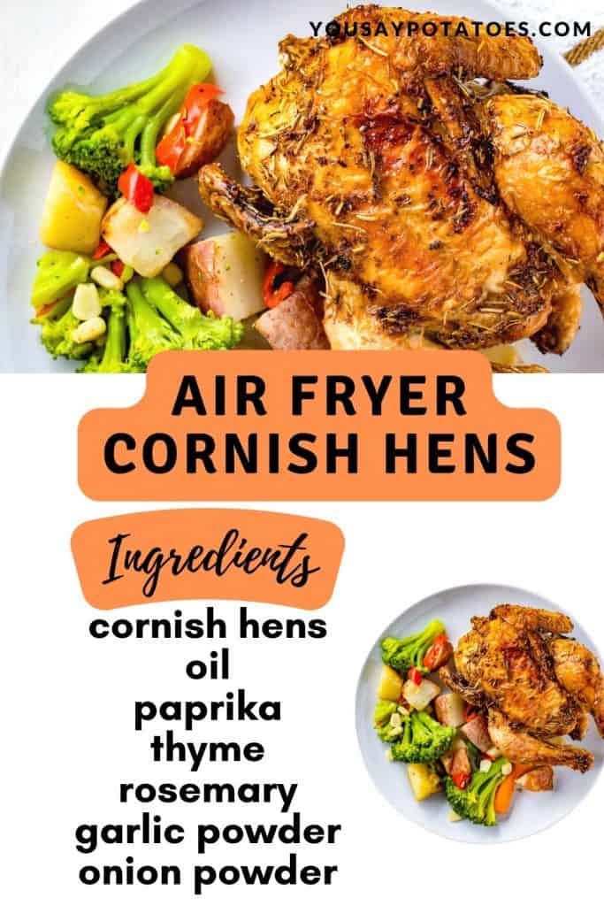 Plate of game hen, with text: Air Fryer Cornish Hens plus list of ingredients.