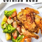 Plate with salad and hen, with text: Air Fryer Cornish Hens.