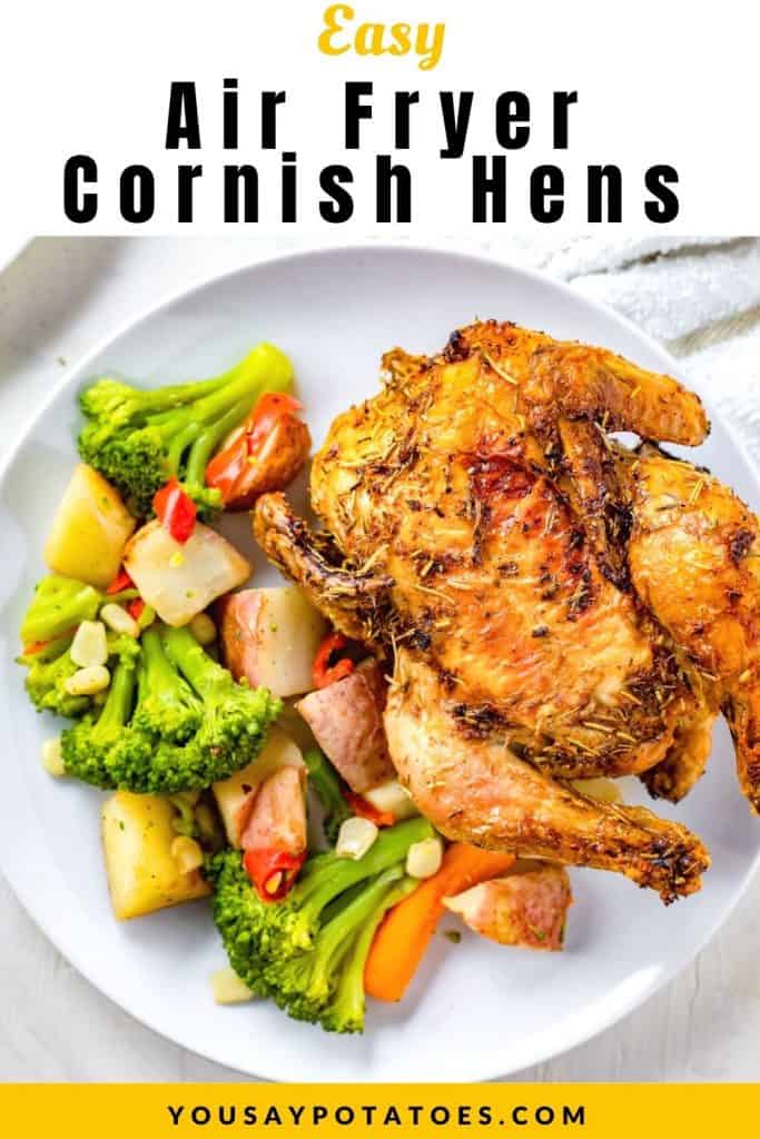 Plate with salad and hen, with text: Air Fryer Cornish Hens.