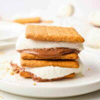 Close up of two smores stacked on a plate.