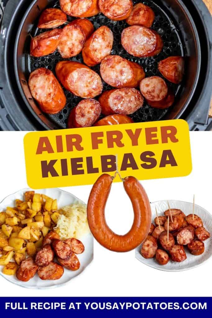 Kielbasa in an air fryer, with text: Air Fryer Kielbasa.