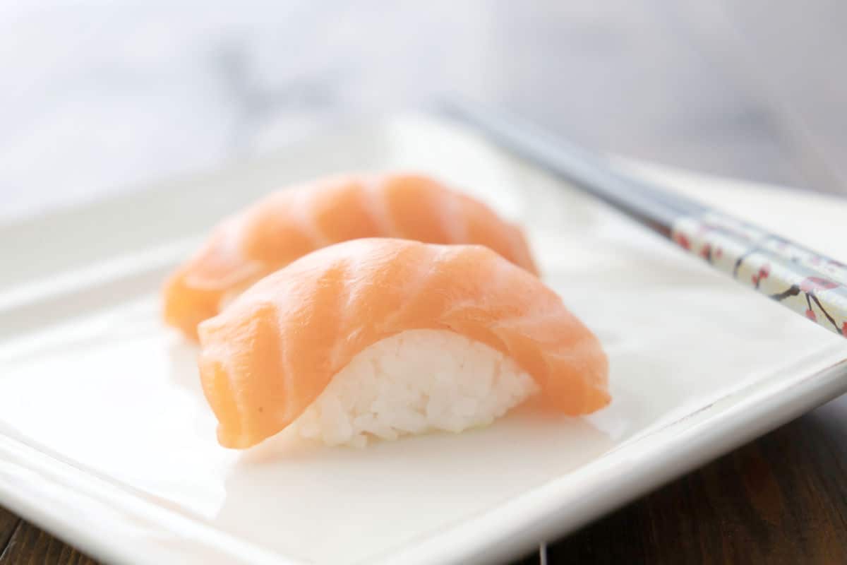 Two pieces of salmon sushi.