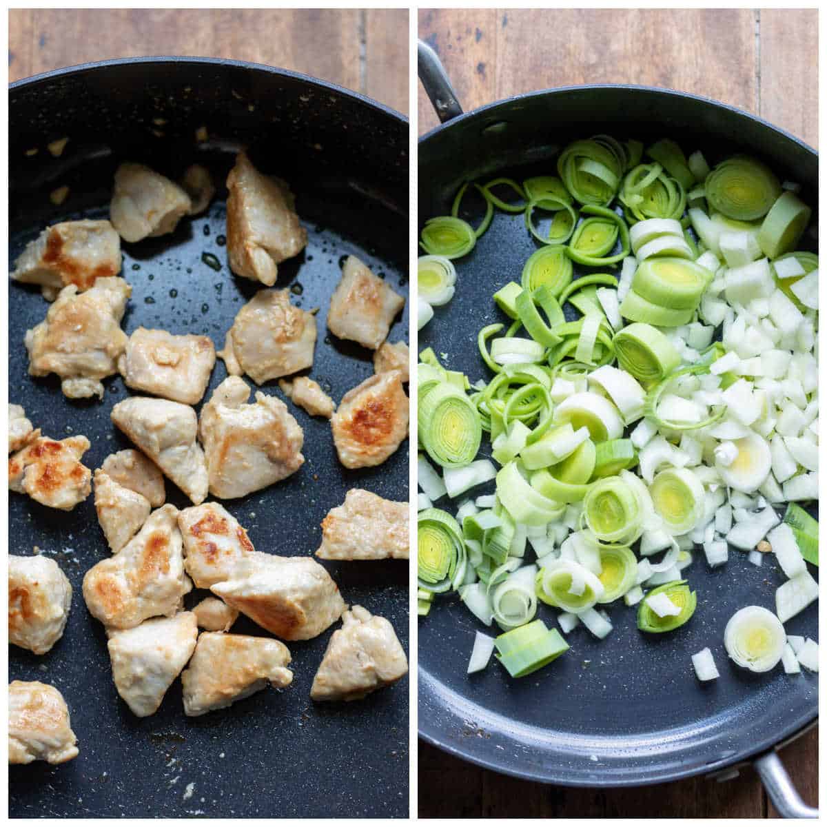 Pan with cooked chicken and pan with leeks and onions.