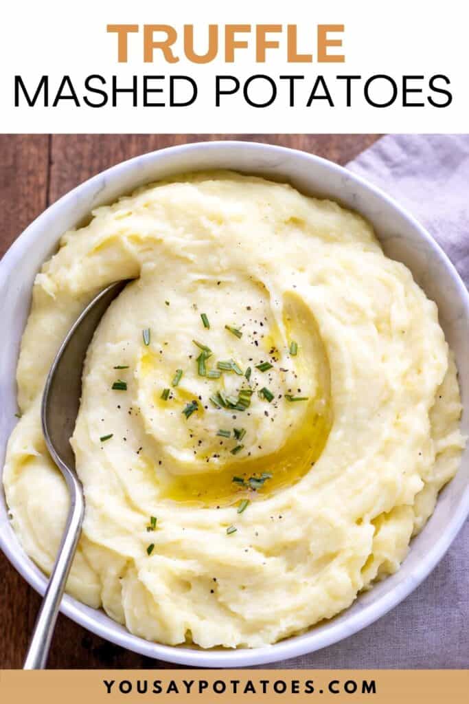 A bowl of mashed potatoes, with text: truffle mashed potatoes.