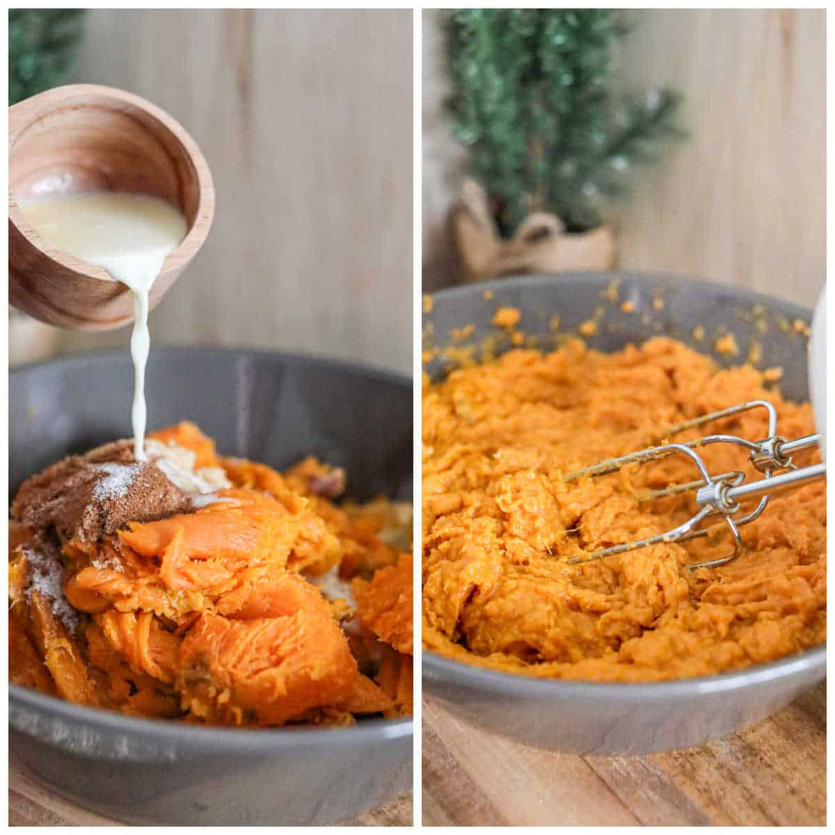 Mixing the sweet potato flesh with cream and spices.
