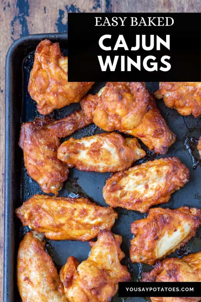 Tray of wings, with text: Easy Baked Cajun Wings.