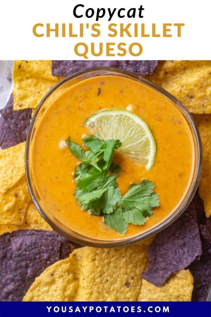 Bowl of dip, with text: Copycat Chili's Skillet Queso.