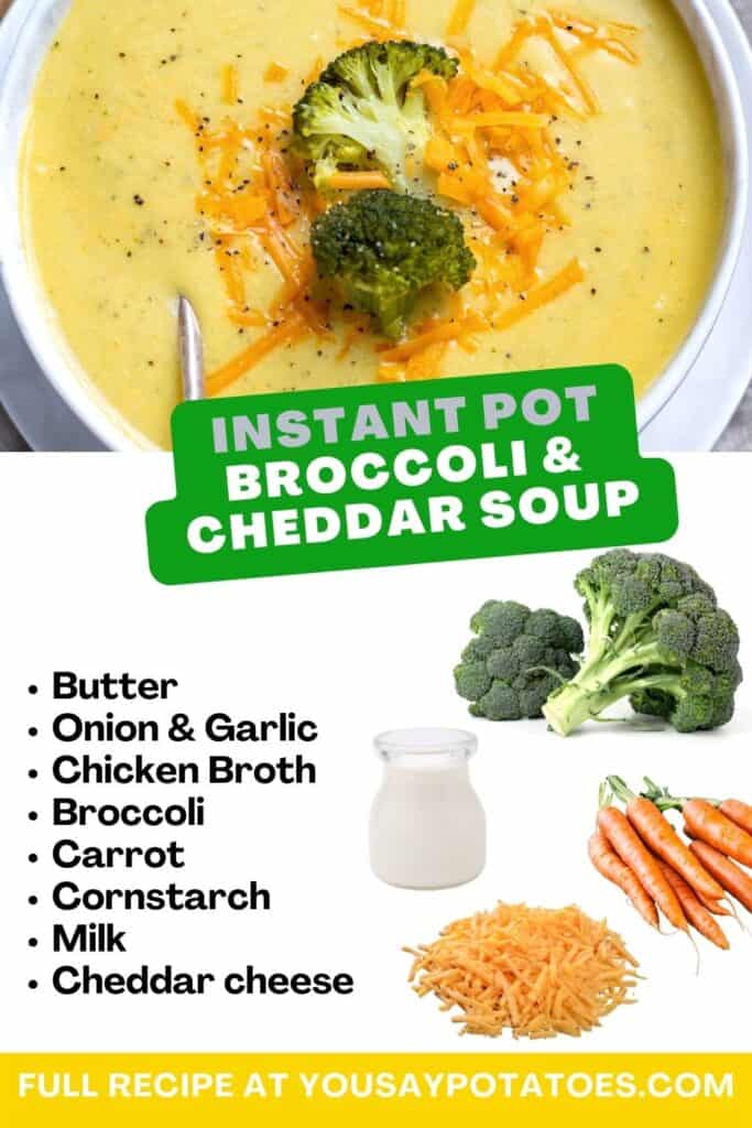 Bowl of soup, list of ingredients and text: Instant Pot Broccoli Cheddar Soup.