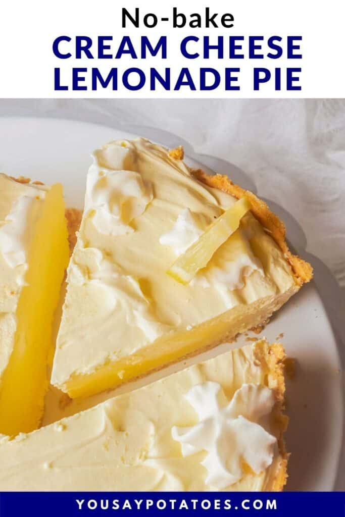 Slice of icebox pie, with text: No bake cream cheese lemonade pie.