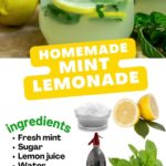 A glass of lemonade, plus text: homemade mint lemonade, and list of ingredients.