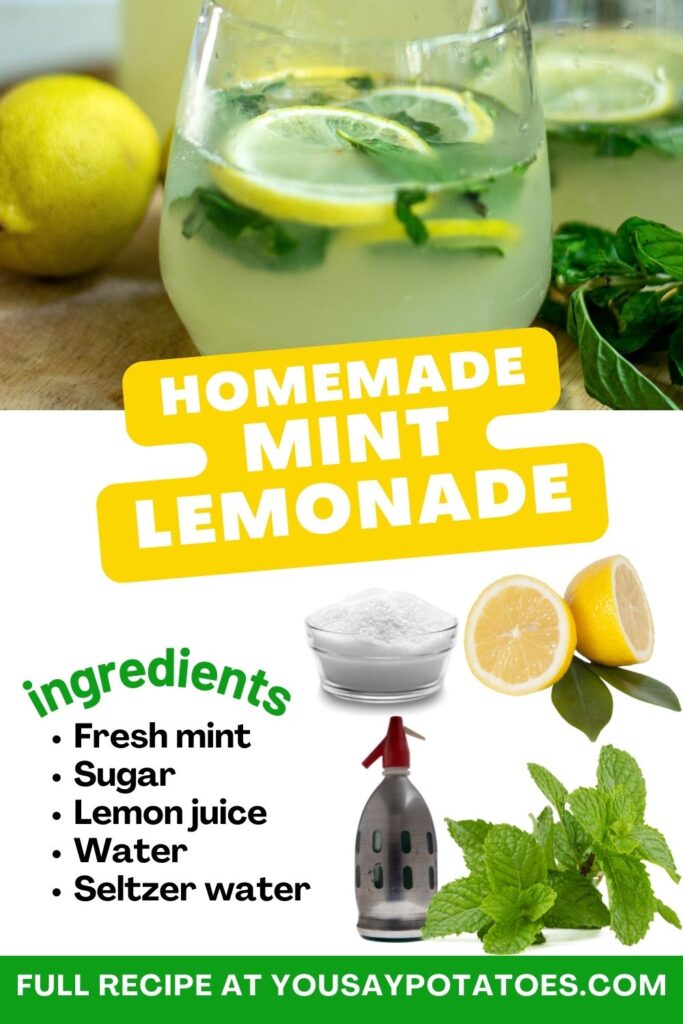 A glass of lemonade, plus text: homemade mint lemonade, and list of ingredients.
