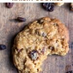 Cookie with a bite out, and text: Copycat Mrs Fields Oatmeal Raisin Cookies.