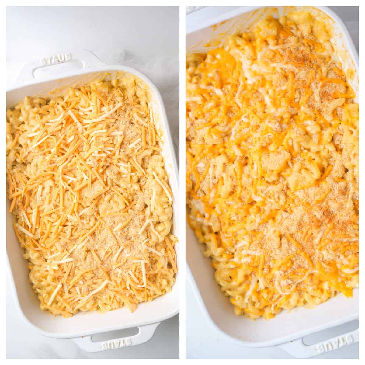 Unbaked and baked mac and cheese.