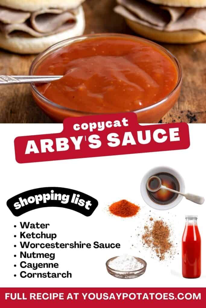 Dish of sauce, list of ingredients, and text: Copycat Arby's Sauce.