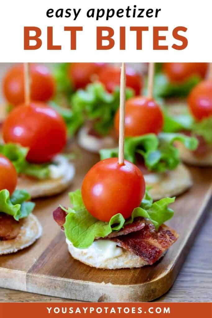 A stack of blt ingredients on a toothpick, with text: easy appetizer BLT Bites.