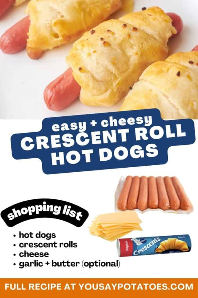Crescent dogs, list of ingredients and text: easy and cheesy crescent roll hot dogs.