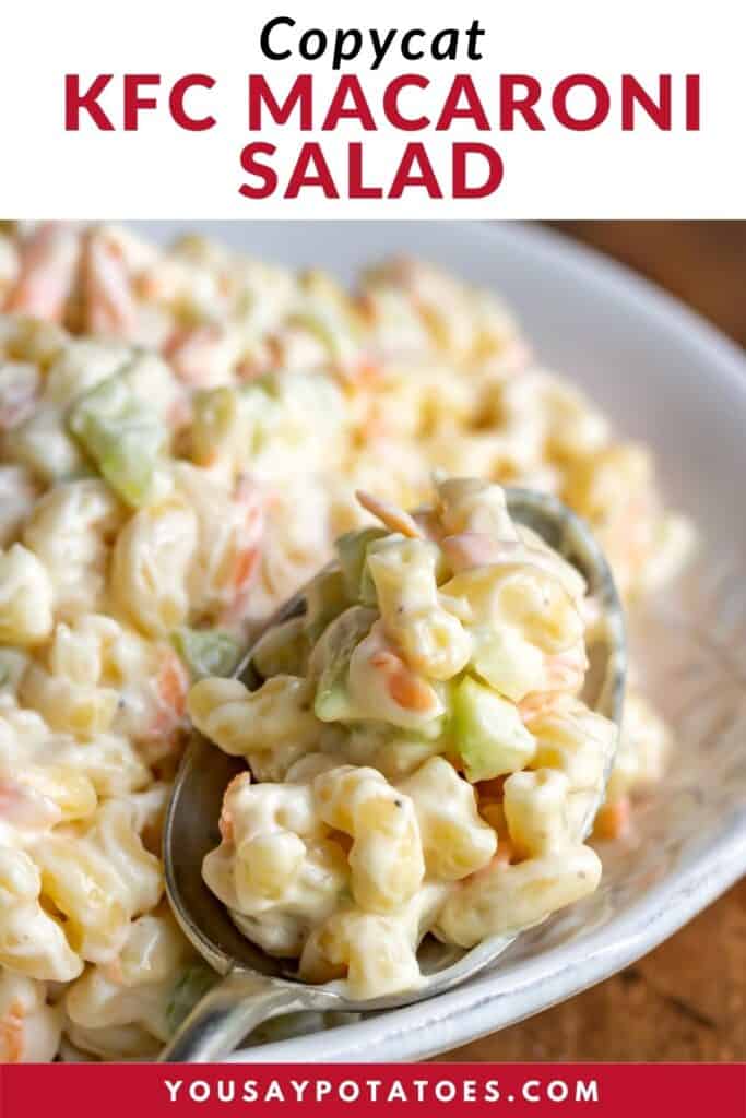 Spoon in a bowl of pasta salad, with text: Copycat KFC Macaroni Salad.