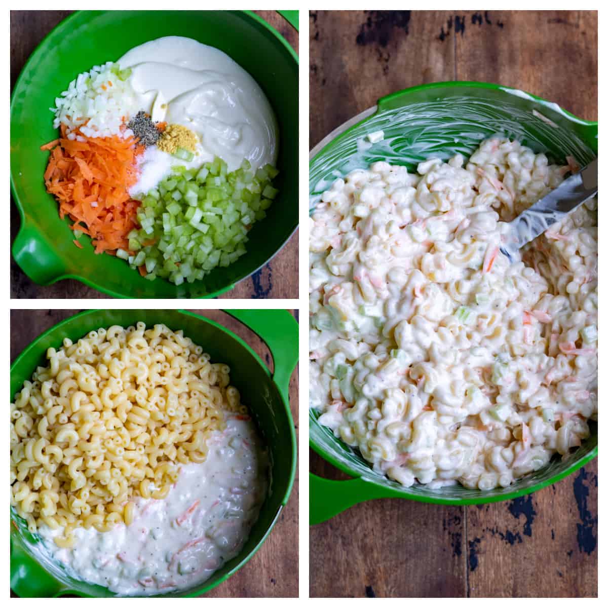Collage of assembling macaroni salad.