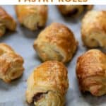 Mini pastry rolls, with text: 3 ingredient mini chocolate pastry rolls.
