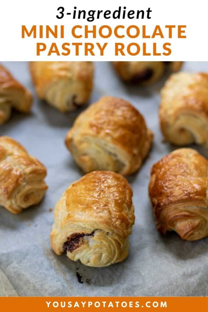 Mini pastry rolls, with text: 3 ingredient mini chocolate pastry rolls.