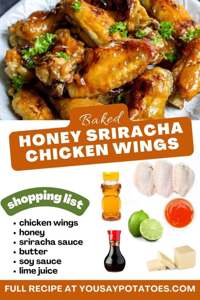 Plate of wings, list of ingredients and text: Baked Honey Sriracha Chicken Wings.
