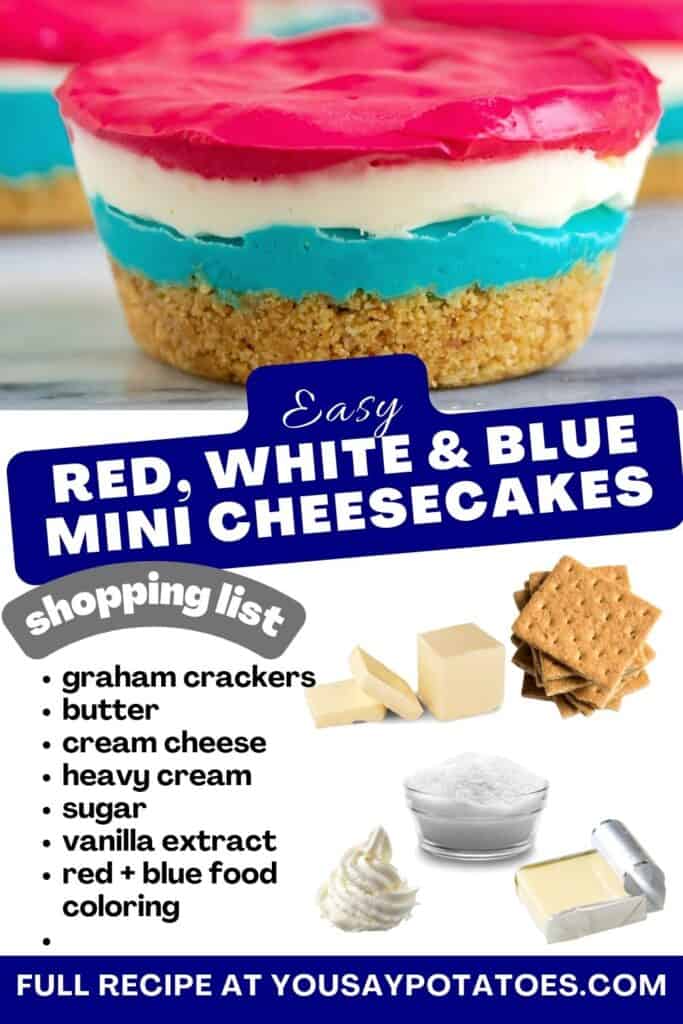 A mini layered cheesecake with list of ingredients and text: Red, White and Blue Mini Cheesecakes.