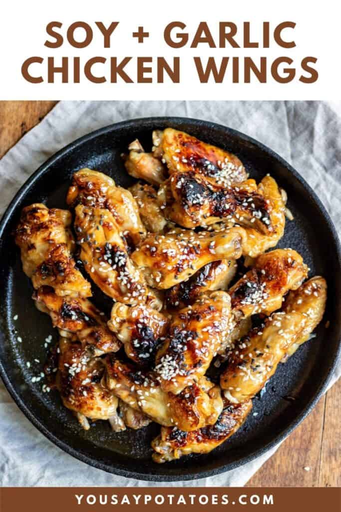 Plate of wings, with text: soy and garlic chicken wings.