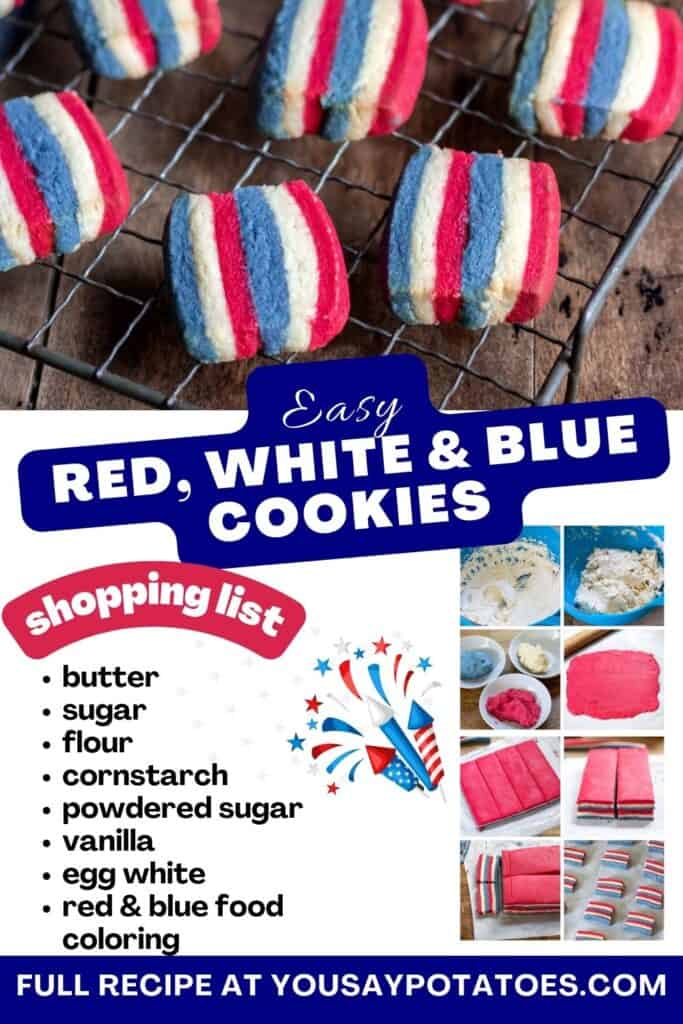 A rack of cookies, list of ingredients and title: Easy Red, White, and Blue Cookies.