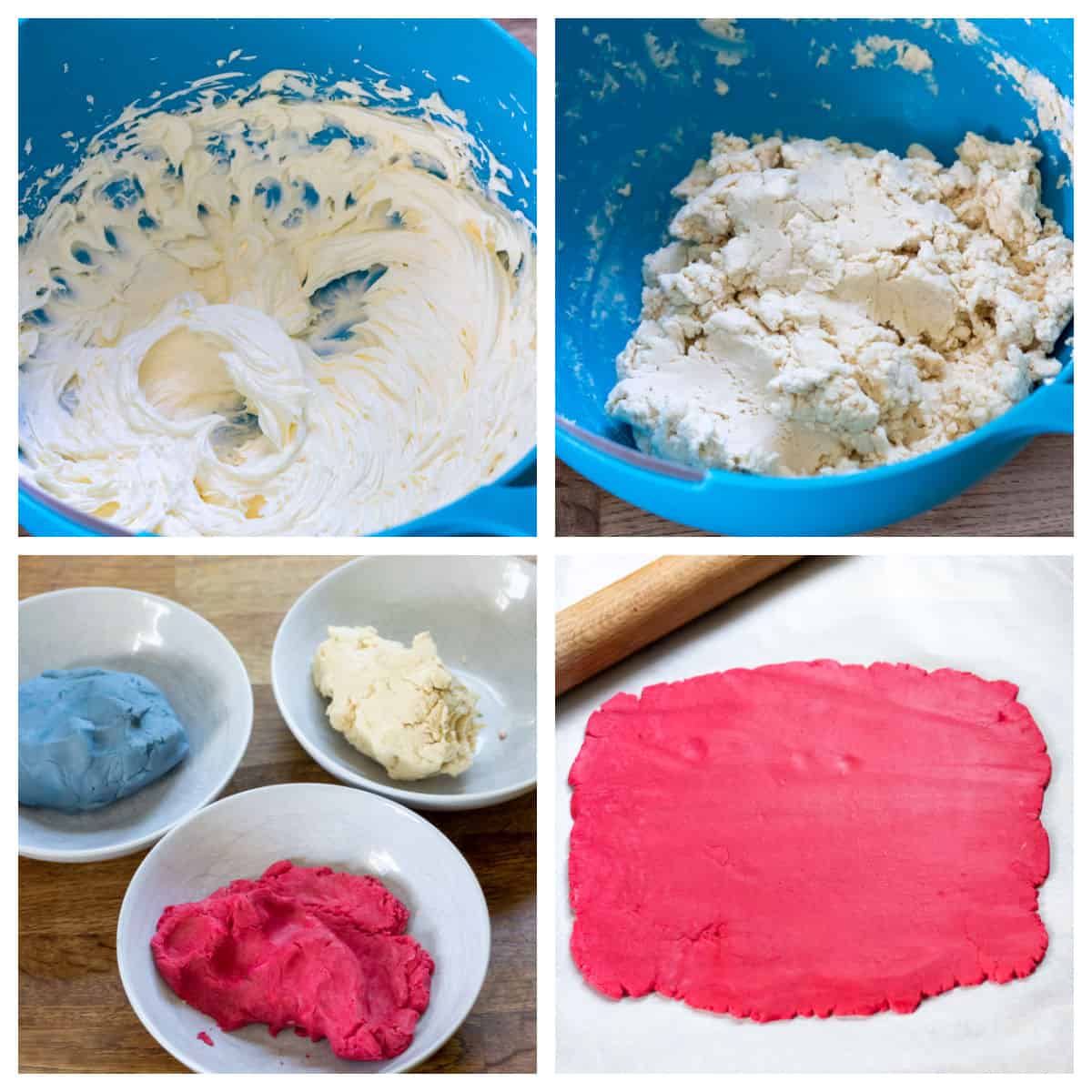 Making and coloring the shortbread cookie dough.