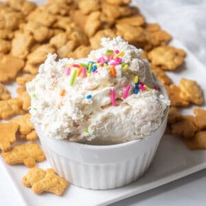 Close up of a bowl of dunkaroo dip with sprinkles.