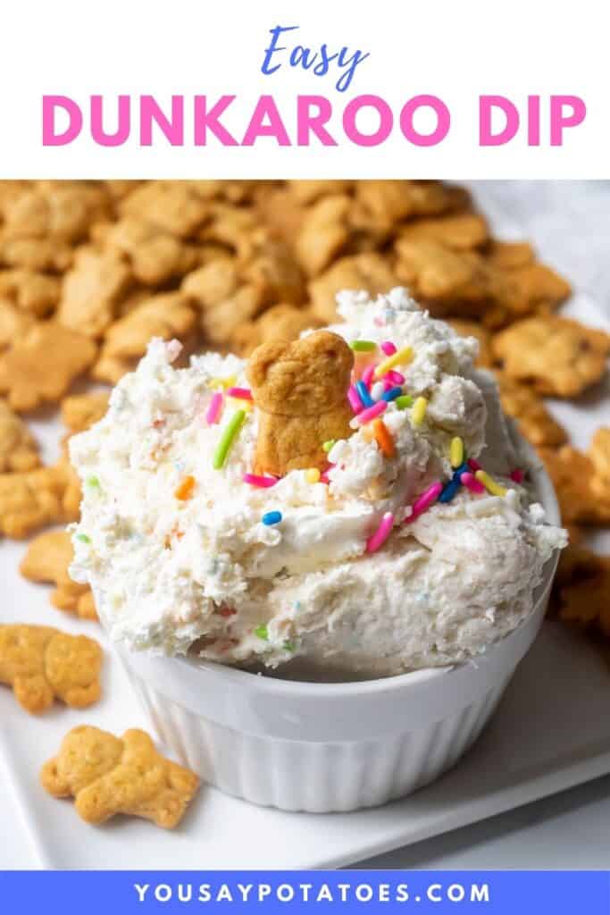 Teddy Graham cookie in a bowl of dunkaroo dip topped with sprinkles.