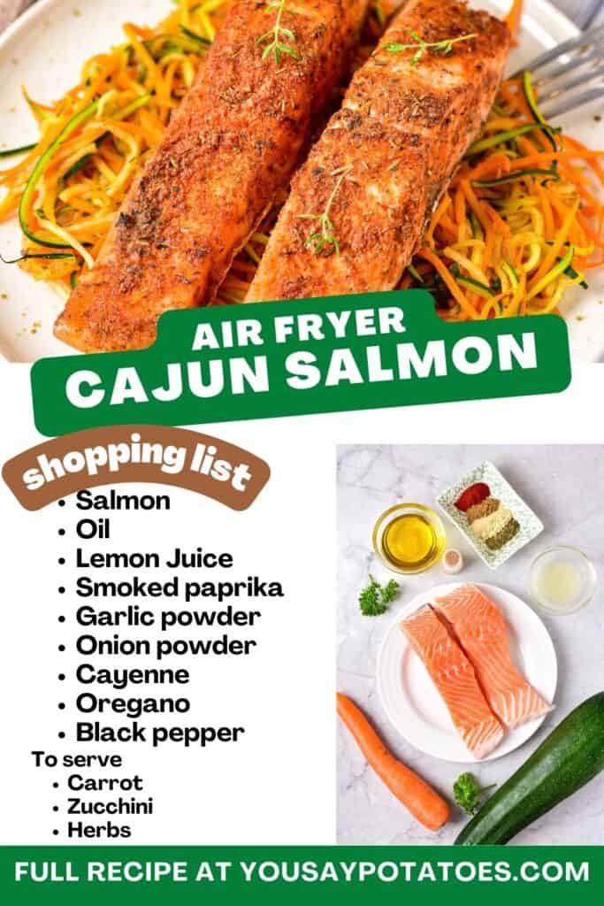Plate of salmon, list of ingredients and text: Air Fryer Cajun Salmon.