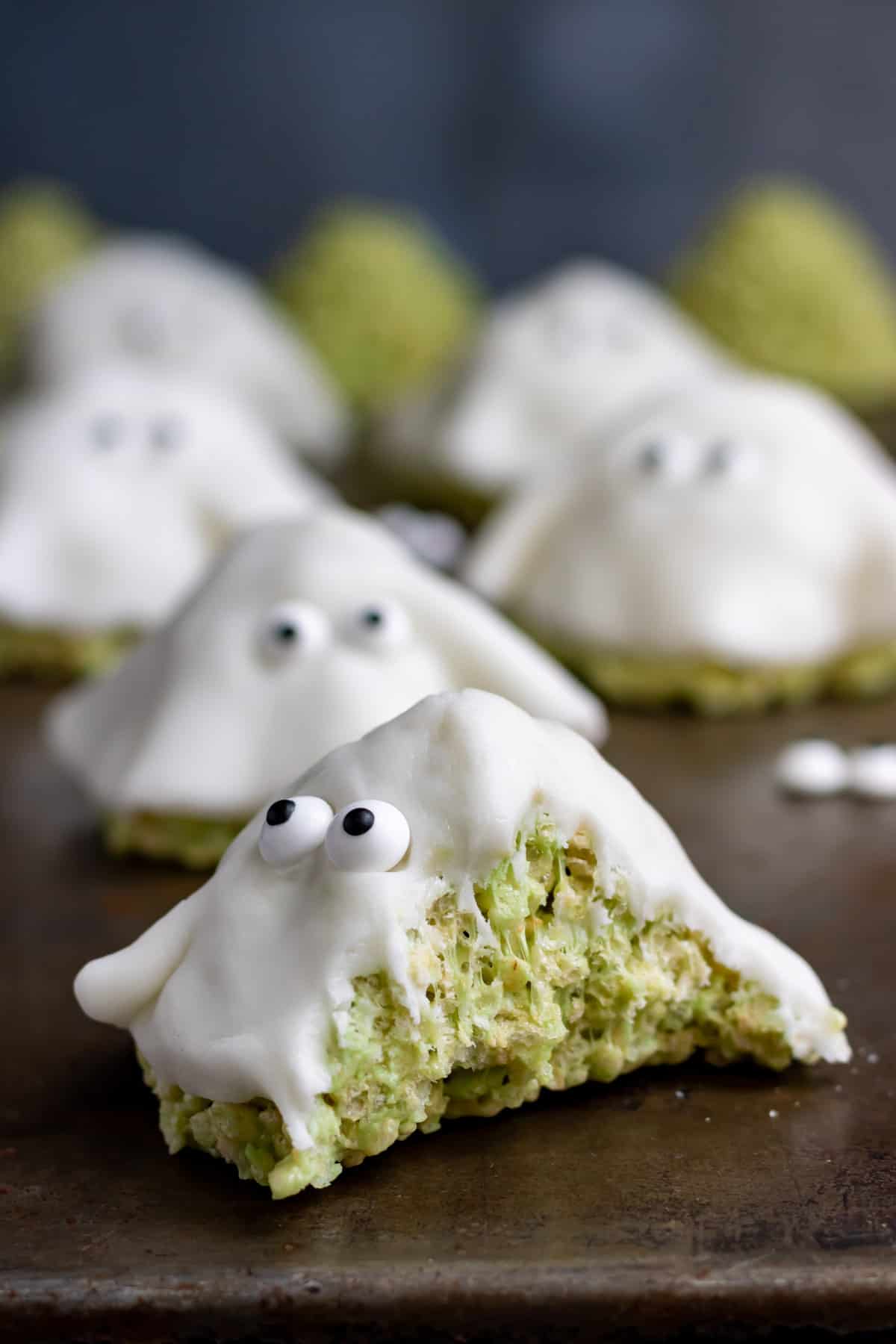 A bite out of a Ghost Halloween Rice Krispie Treat.