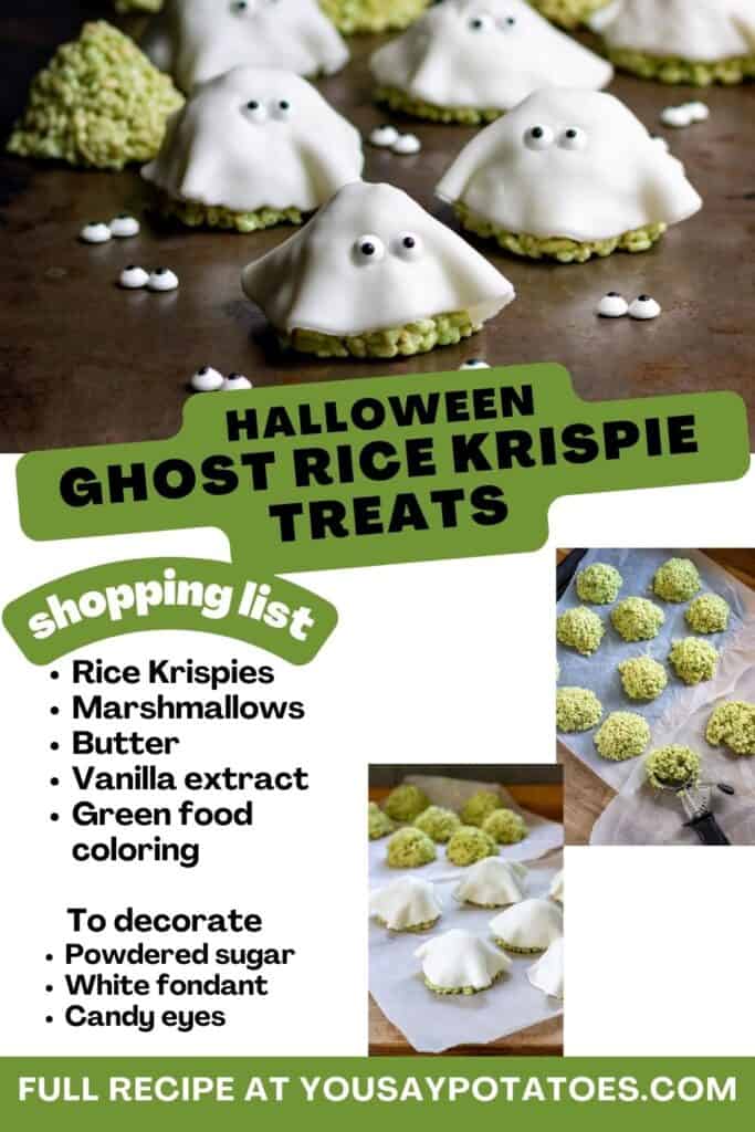 List of ingredients and text: Halloween Ghost Rice Krispie Treats.