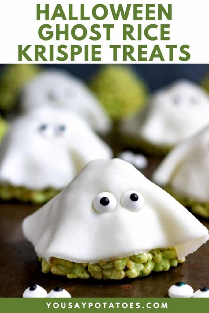Rice krispie treats with text: Halloween Ghost Rice Krispie Treats.