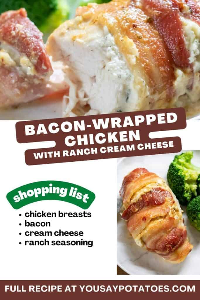 Plate of chicken, ingredients and title: Bacon Wrapped Chicken with Cream Cheese.