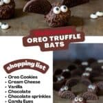 Halloween truffles, with list of ingredients and title: Halloween Oreo truffle bats.