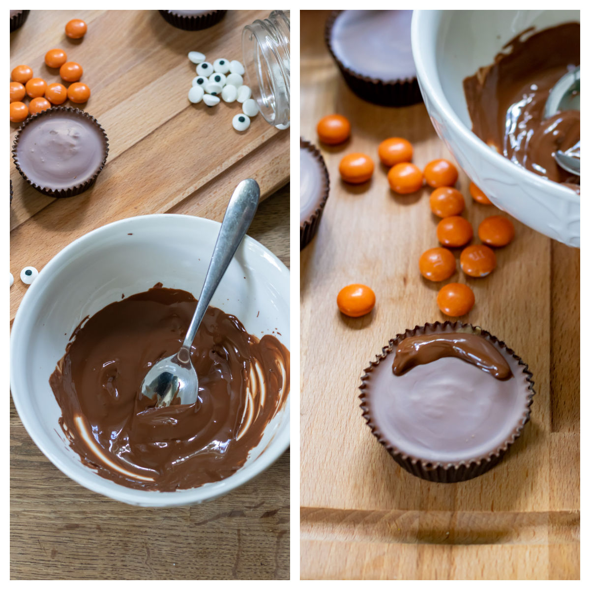 Melting chocolate and spreading on a peanut butter cup.