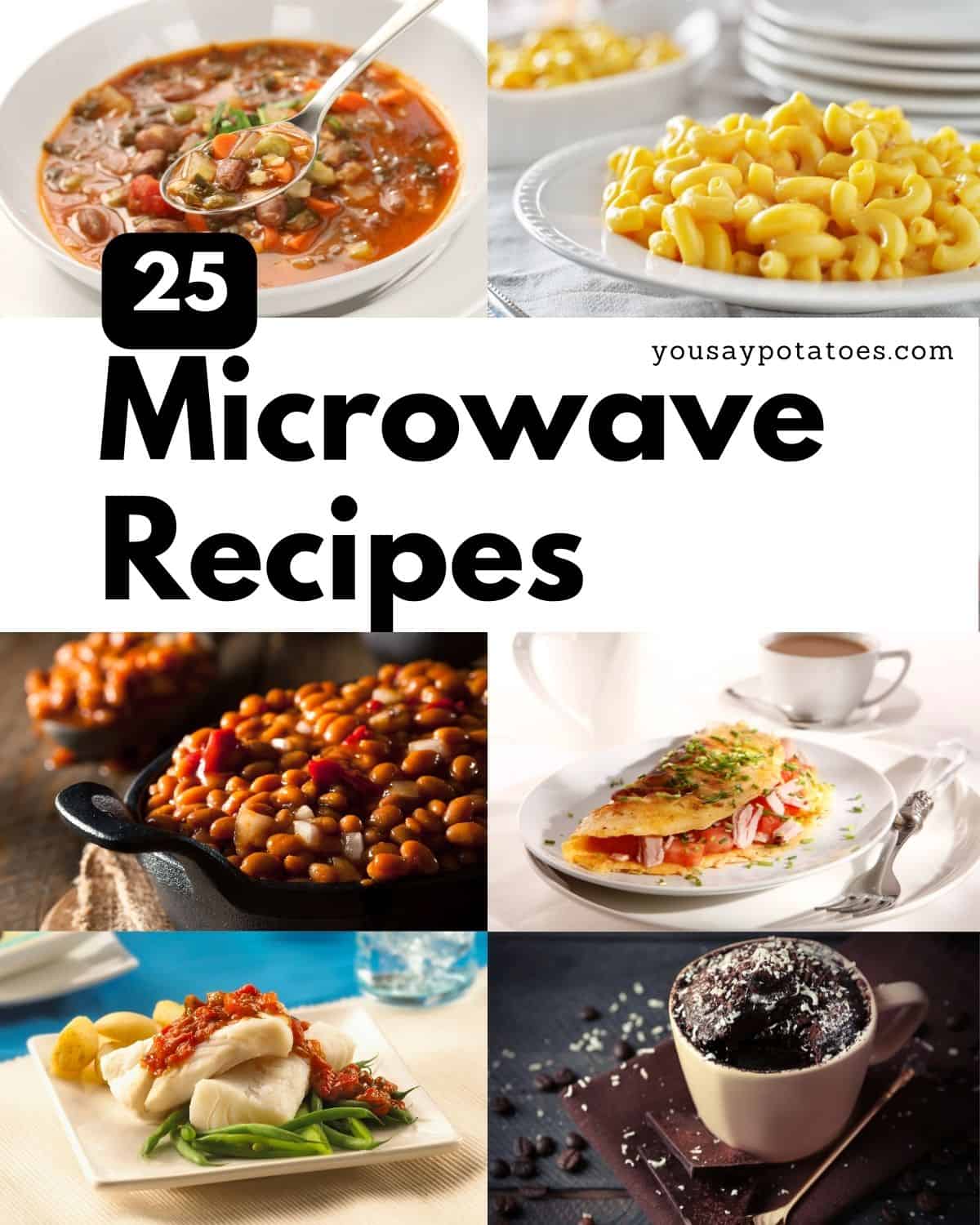 Collage of recipes made in a microwave.