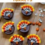 Turkey Peanut Butter Cup candies on a wooden board.